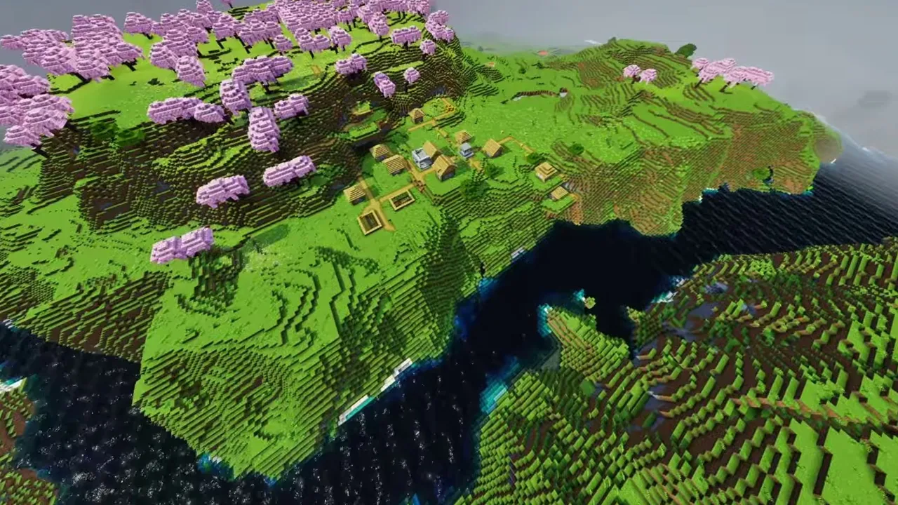 Cherry Mountain Plains Village: grassy trails leading from the village toward pink trees