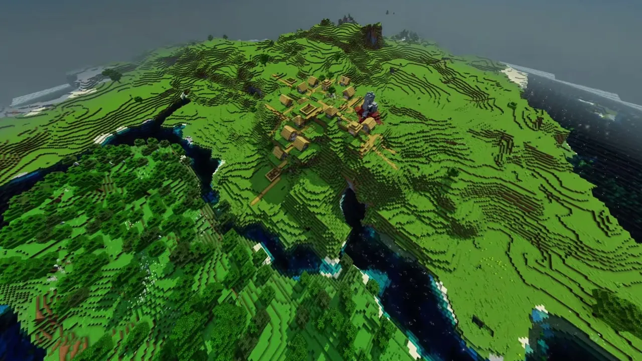 Twin River Plains Village: overhead view of green farmland and water channels around the settlement