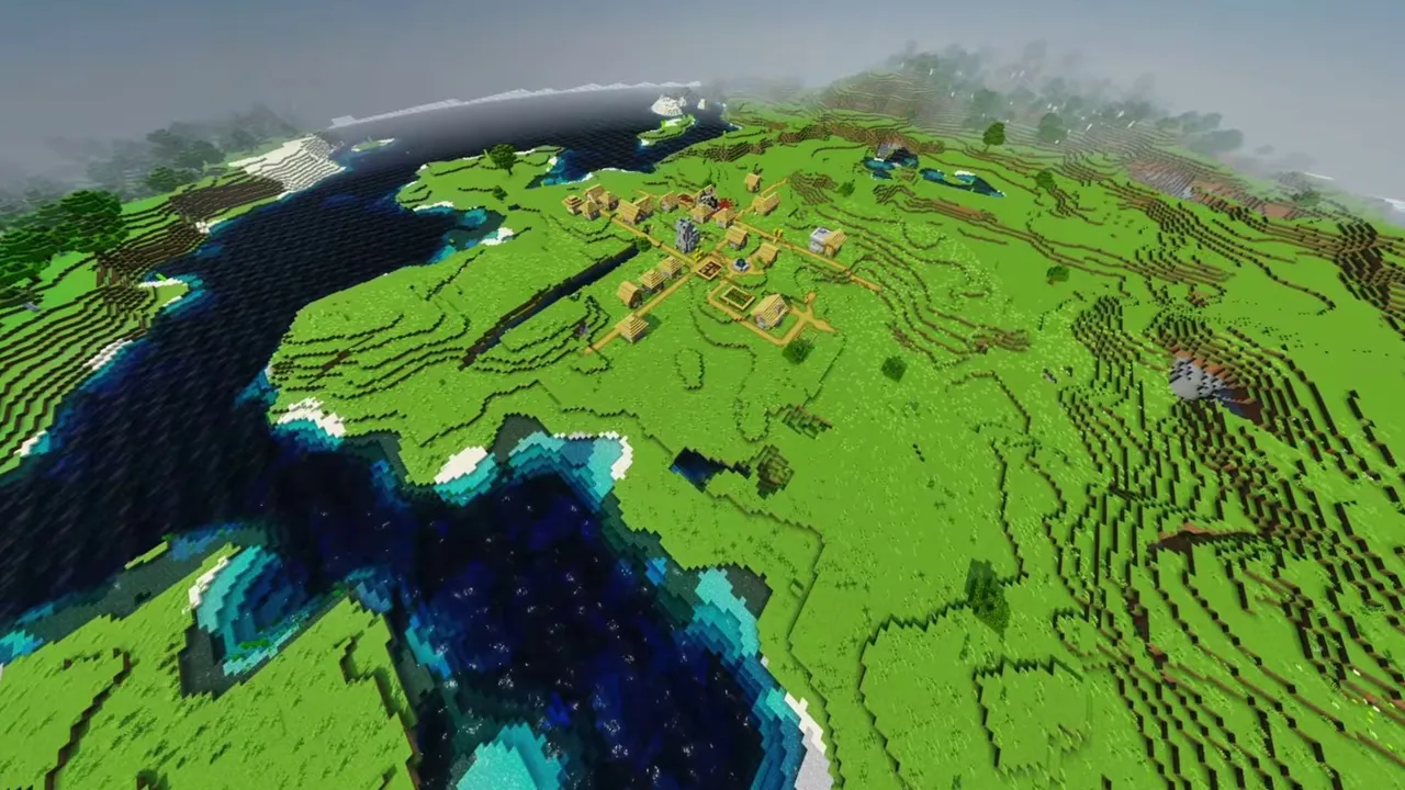 Riverfront Plains Settlement: paths and garden terraces beside the curving water bank