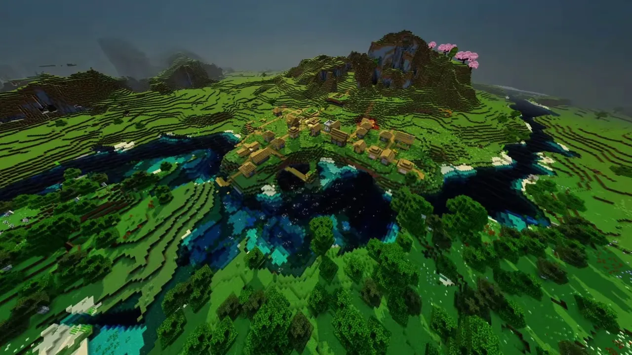 Mountain View Plains Village: plains village houses with snowy mountain peaks in the background
