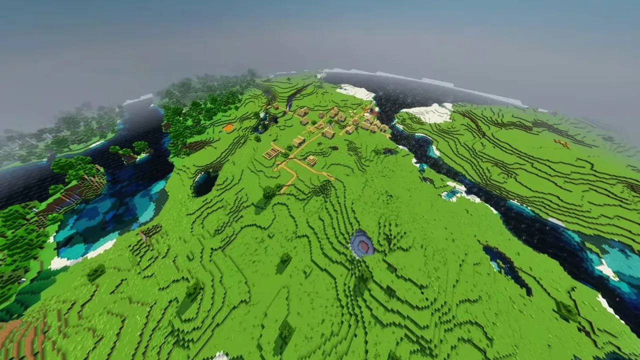 Greenwater River Village: river bend encircling tiered village farms and timber houses