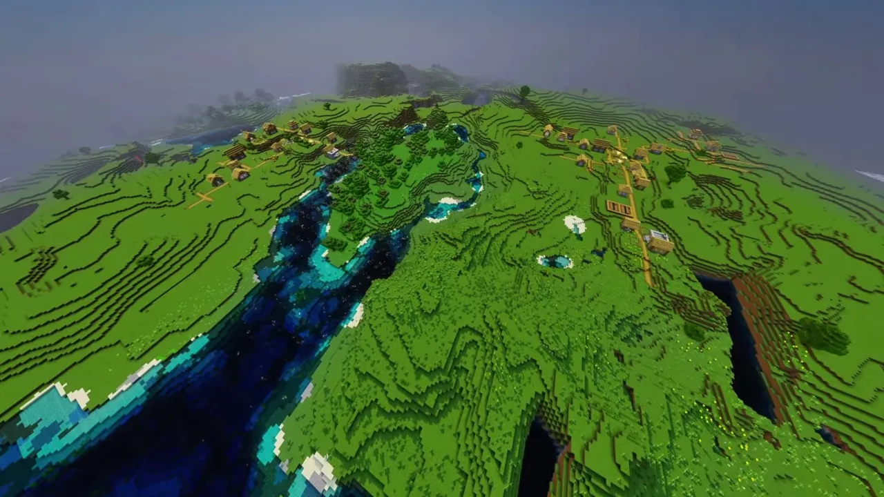 River Split Village: river channel dividing village homes from green meadows