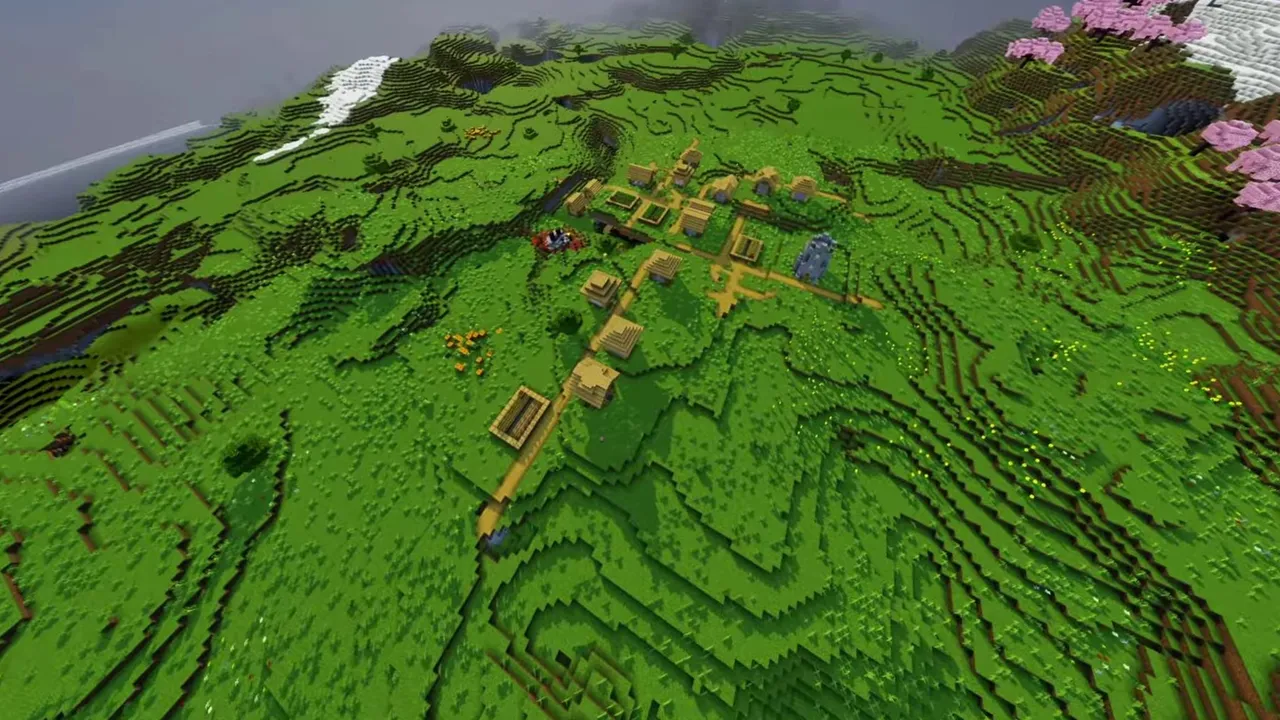 Coastal Survival Village: shoreline view of timber buildings and garden plots