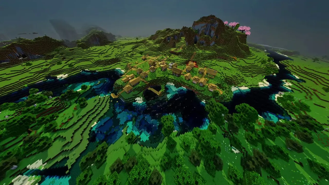 Mountain View Plains Village: stream flowing past farm terraces and village walkways