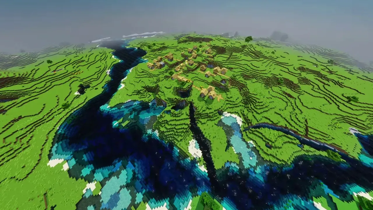 Three-Way River Village: three river channels converging around village buildings and plots