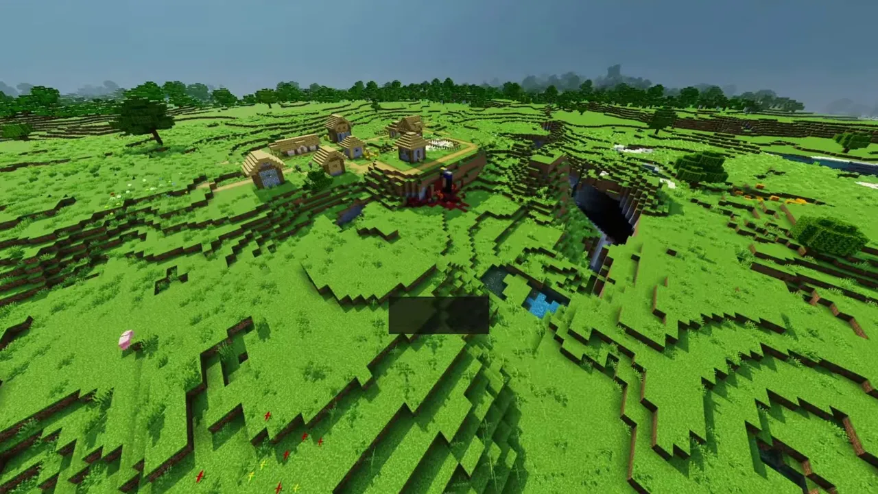 Great Plains Crossing Village: timber houses and garden plots near a ruined portal site