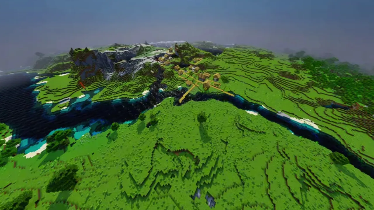 Cliffside Plains Village: village buildings along a grassy bluff above a river bend