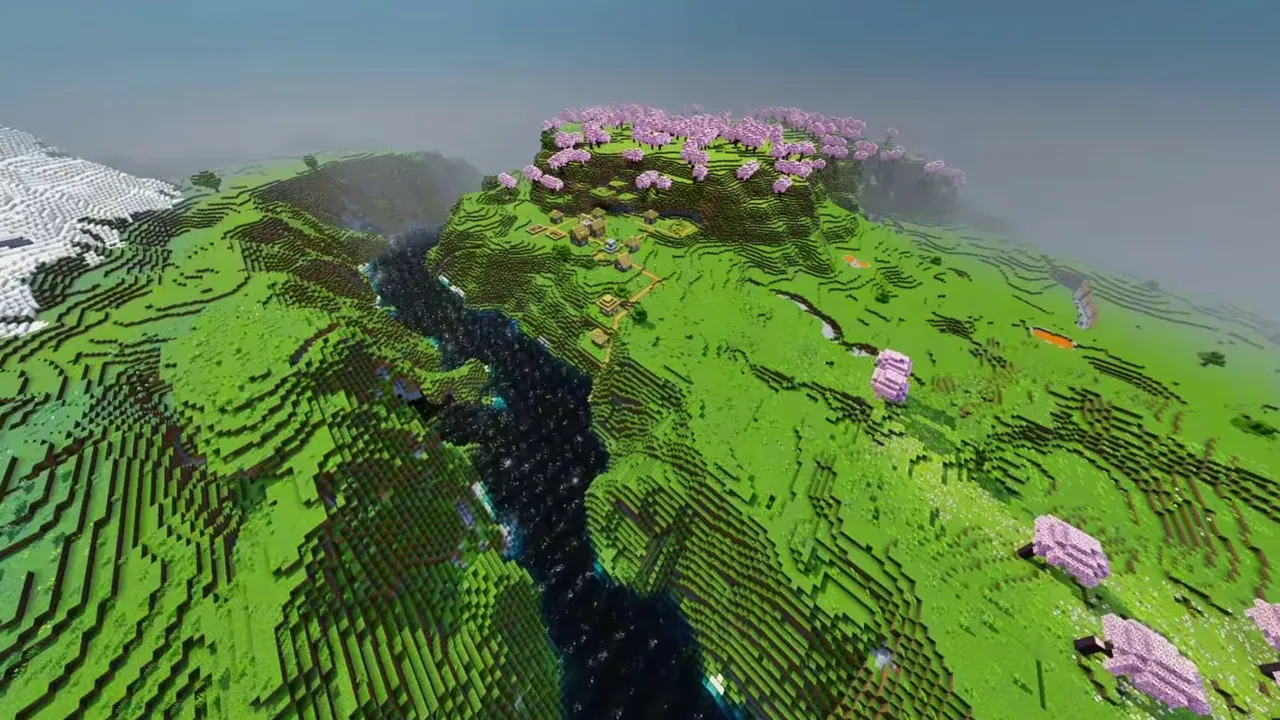 Cherry Mountain Plains Village: village homes framed by cherry blossom slopes and mountain peaks