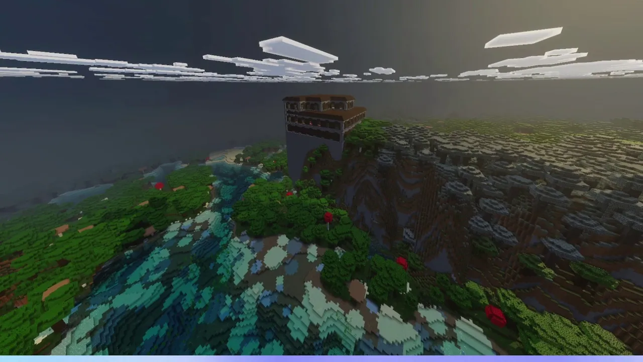 Spawn Woodland Mansion: Cobblestone base and dark oak roof of a mansion