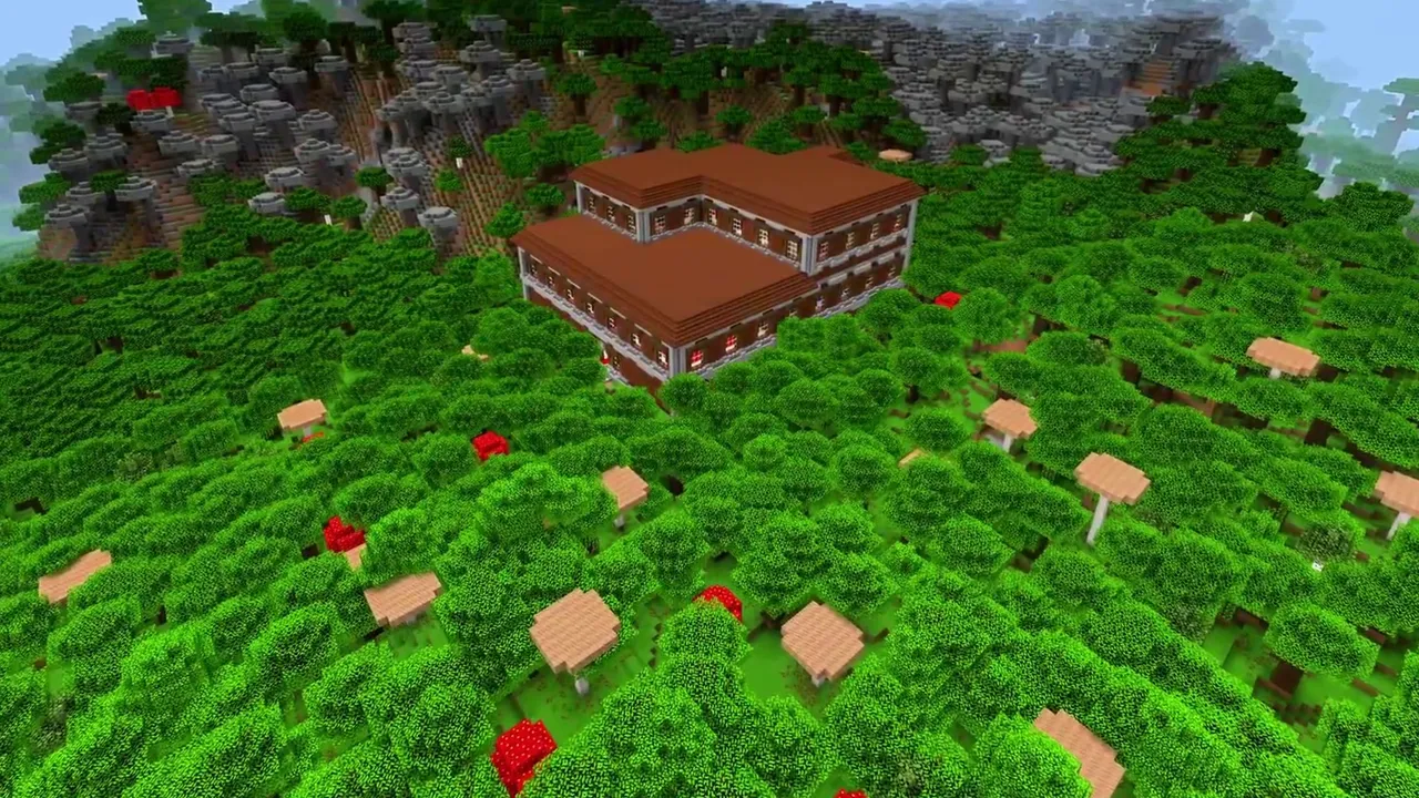 Mountain Base Mansion: Mountain slopes rising behind a dark oak mansion