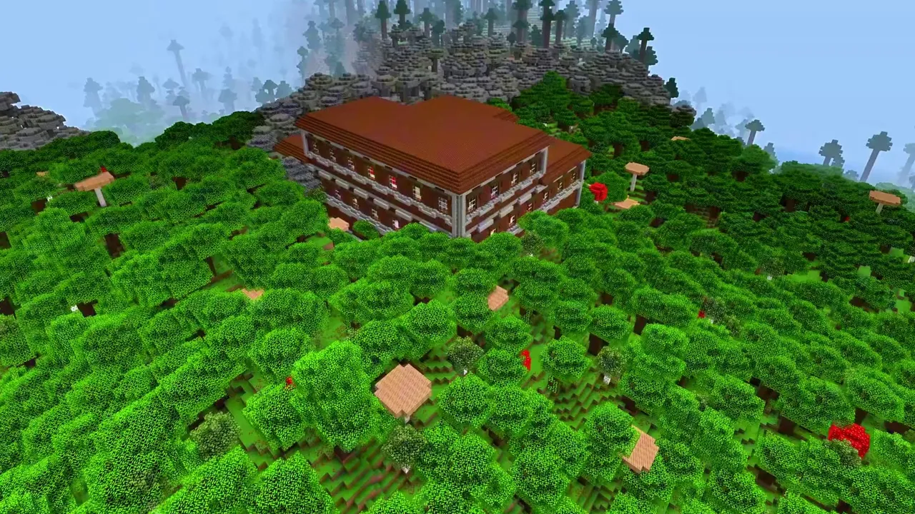 Shoreline Woodland Mansion: Shoreline trees and mansion walls by the water