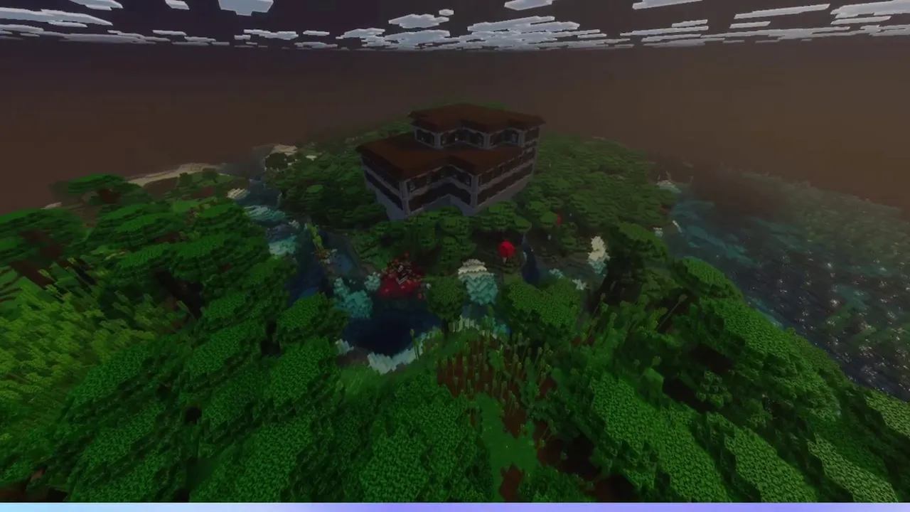 Hilltop Woodland Mansion: Upper rooms and roof standing above tree tops
