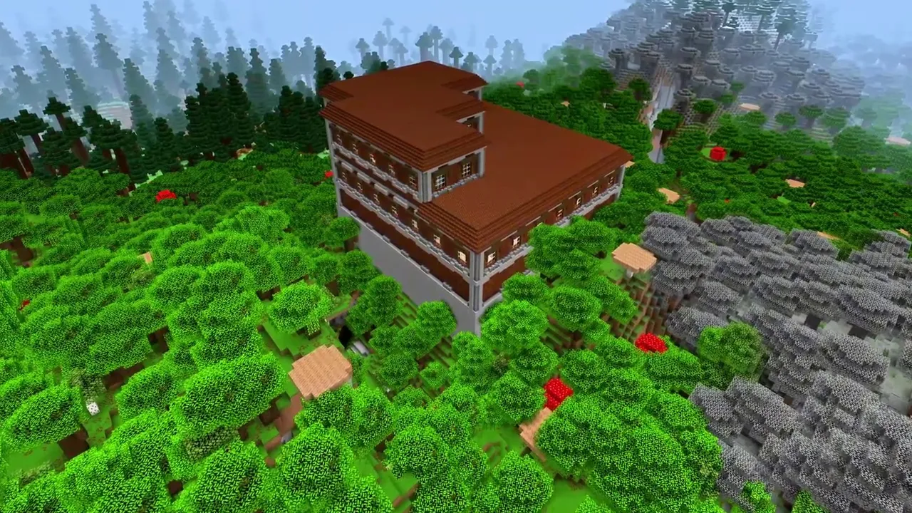 River Bend Woodland Mansion: Waterway and forest trees next to a mansion