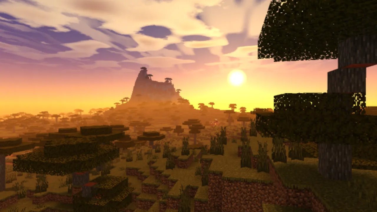AziFy Natural Shader: Sunset over a forested landscape