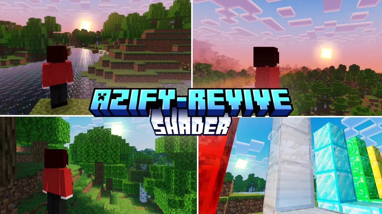 AziFy Revive Shader for Minecraft PE: Sunset over trees and water