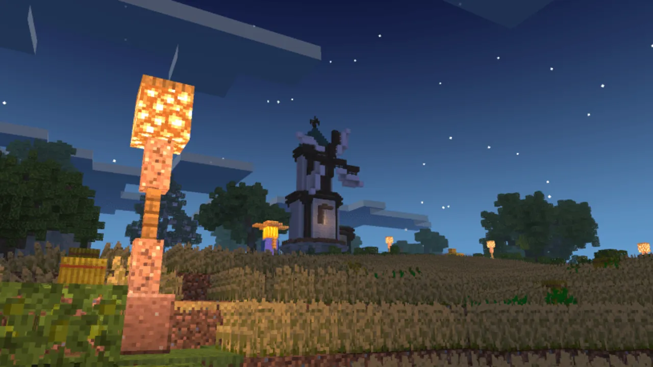 AziFy Truly Default Shader OPTIMIZED shader: Night scene with glowing torches and windmill
