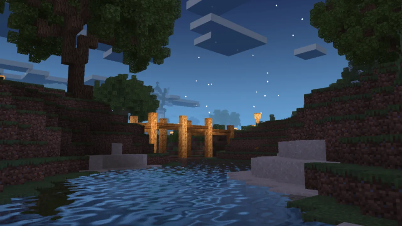 AziFy Truly Default Shader OPTIMIZED shader: Night scene with wooden bridge over water