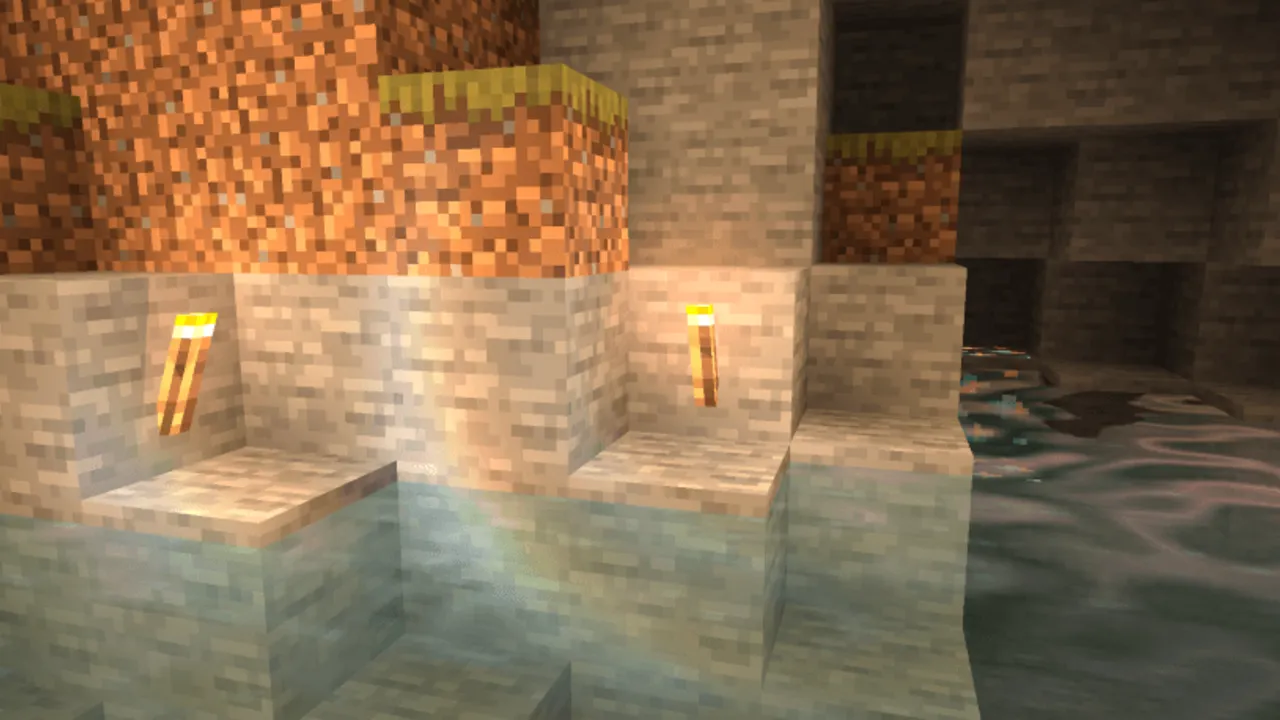 AziFy Truly Default Shader OPTIMIZED shader: Stone platform with torches near water