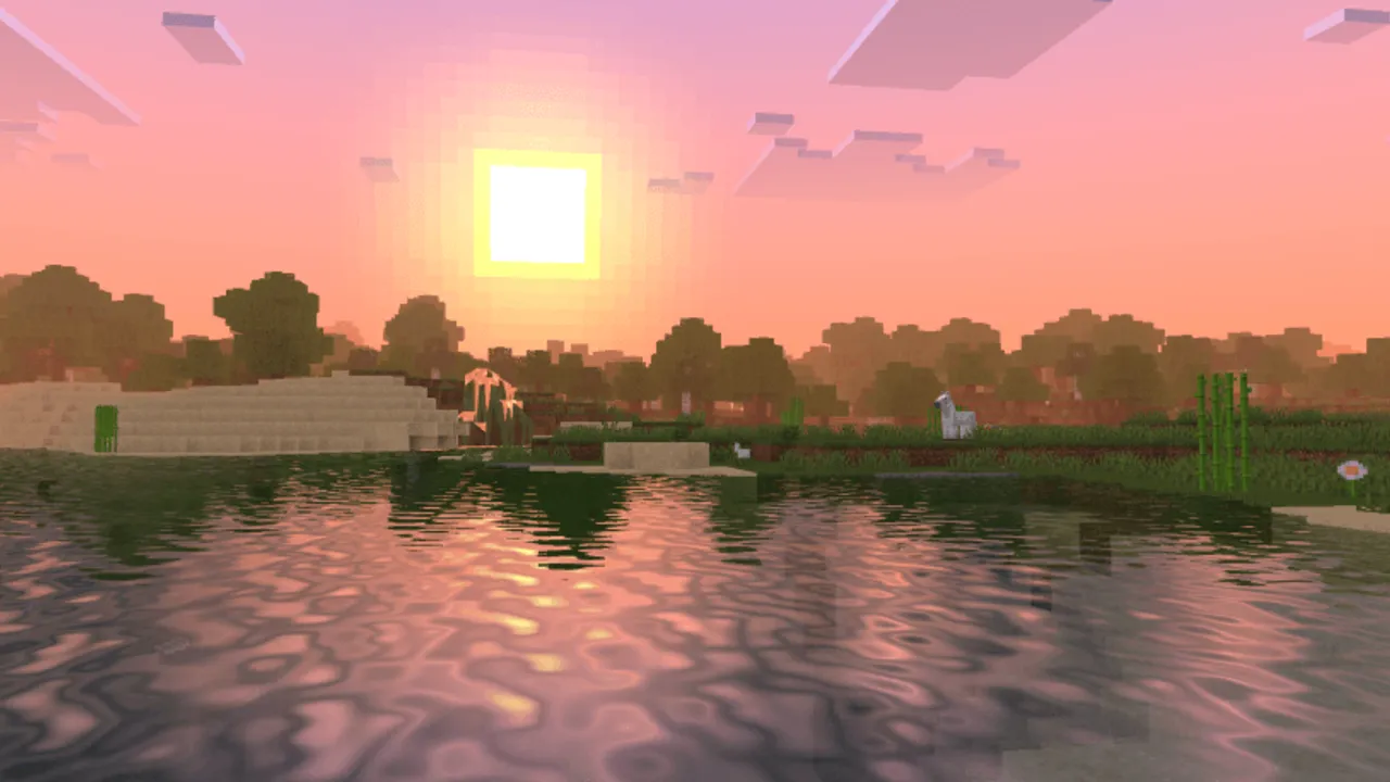 AziFy Truly Default Shader OPTIMIZED shader for Minecraft PE: Sunset over water with trees and clouds