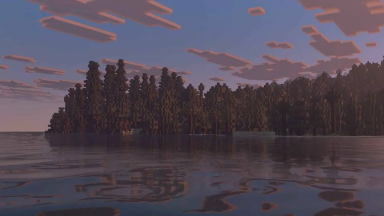 Better Vibrant Visuals shader: Forest island in water at sunset