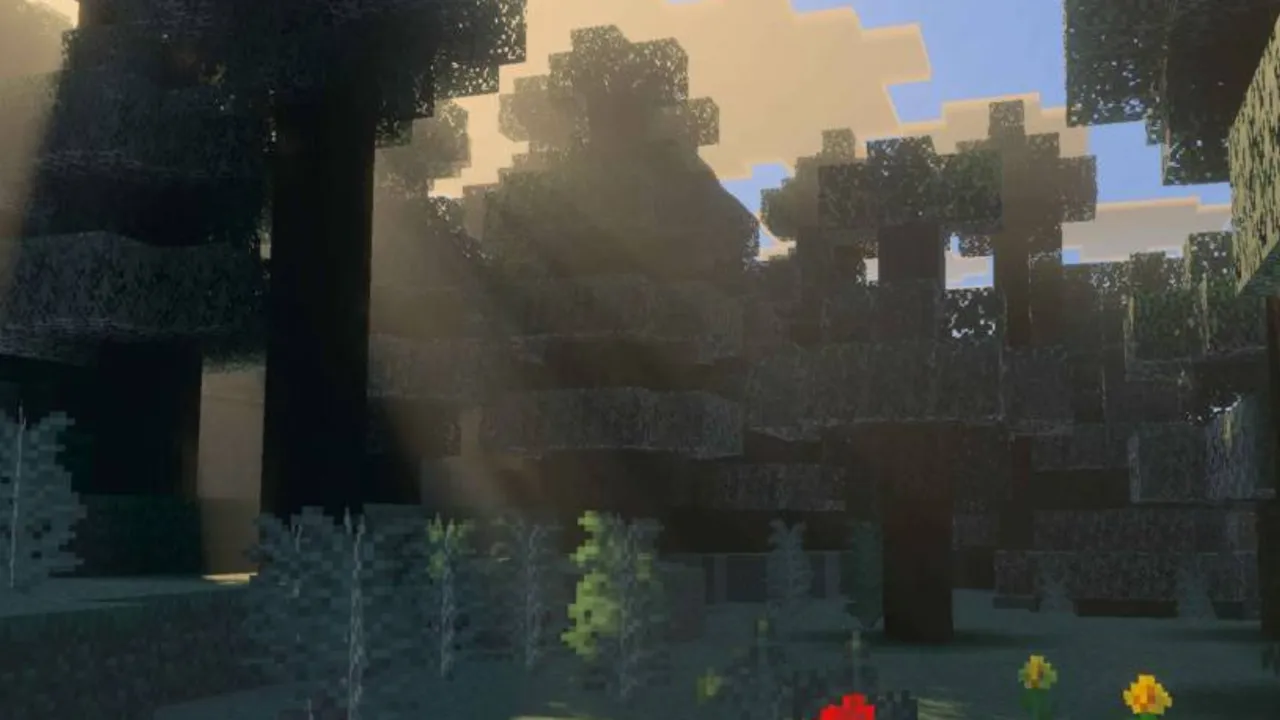 Better Vibrant Visuals shader for Minecraft PE: Forest with trees and flowers