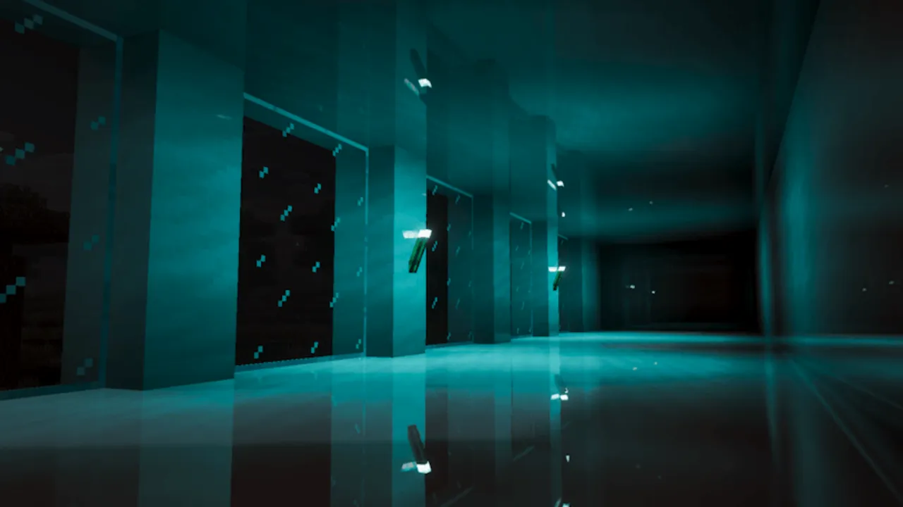 Better Vibrant Visuals shader: Underwater hallway with glowing blocks