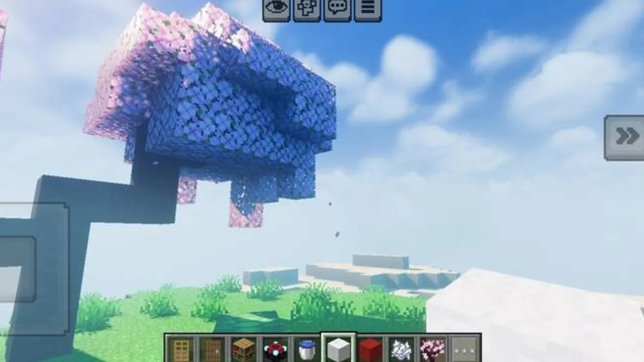 BSL vibrent visual grafic pack shader for Minecraft PE: Floating purple creature in bright sky