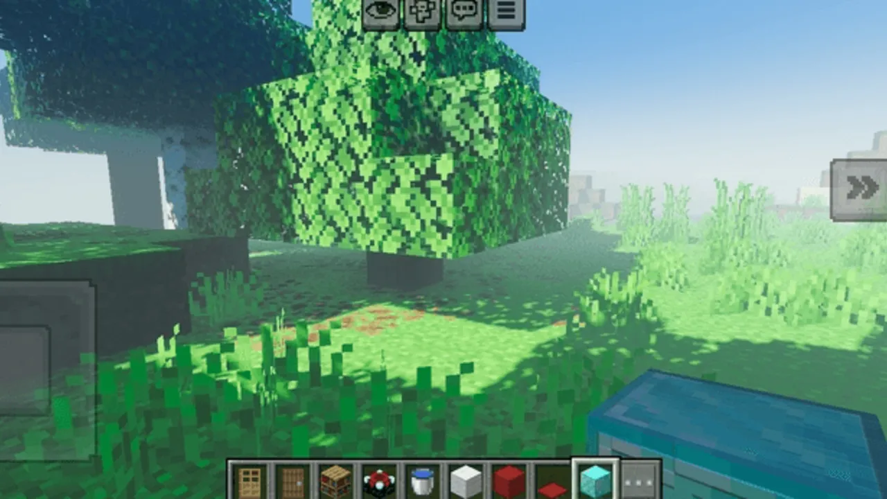 BSL vibrent visual grafic pack shader: Green grass and trees with water nearby