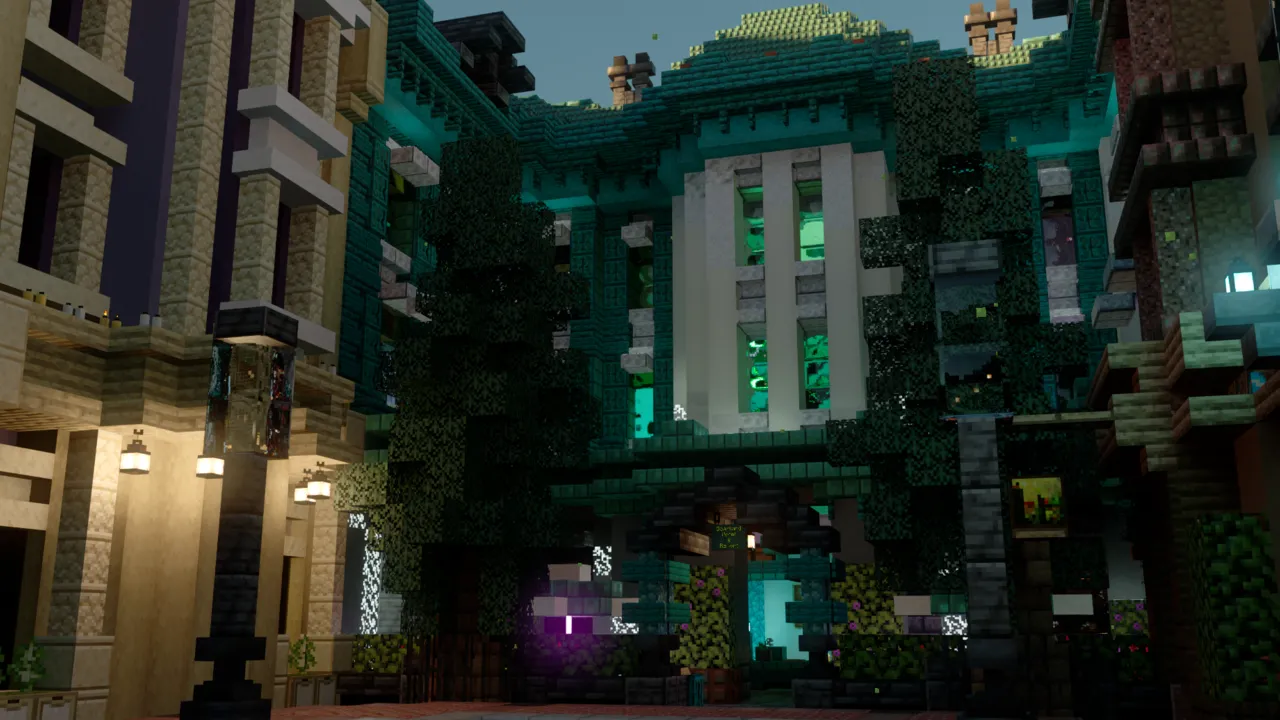 Cat RTX shader: Glowing building with vines and lights