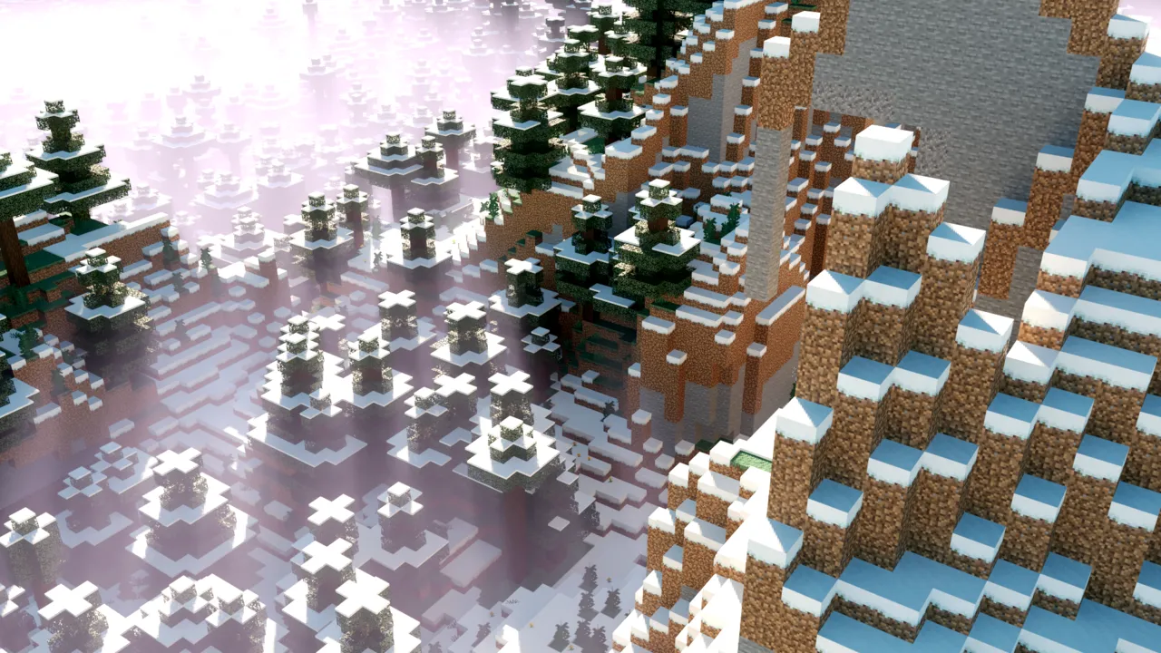Cat RTX shader: Snowy forest with trees and mountains