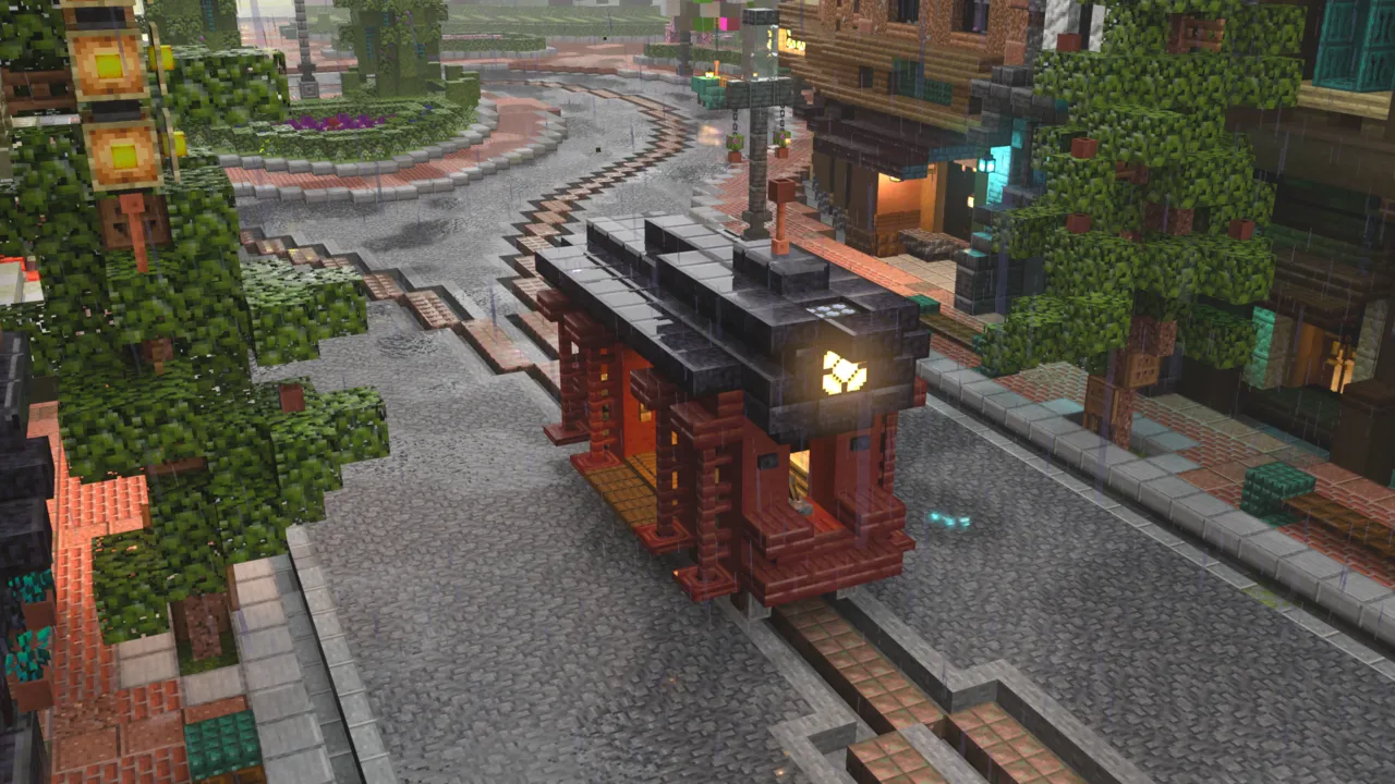 Cat RTX shader for Minecraft PE: Train station on rainy street