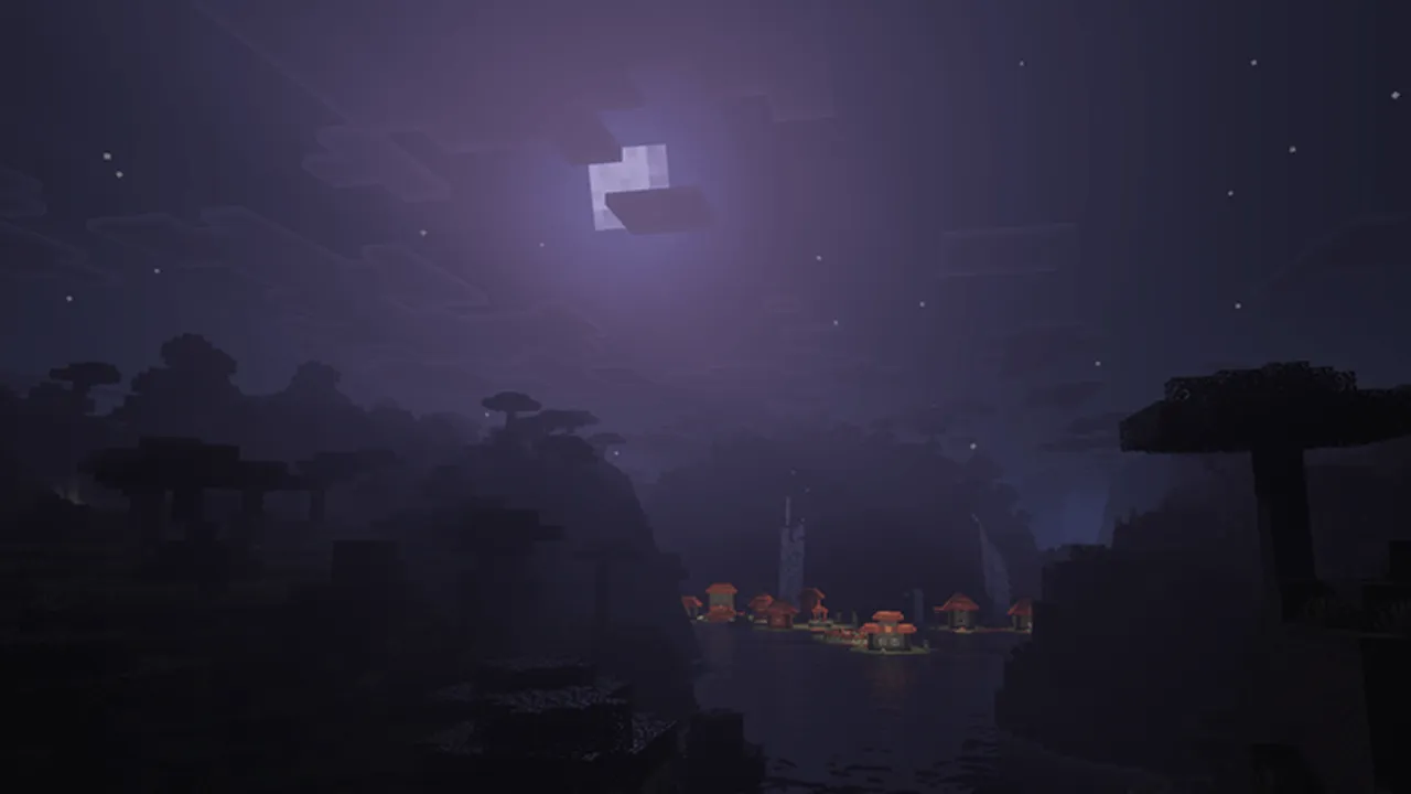 Dark Fantasy Visuals shader for Minecraft PE: Night scene with glowing village