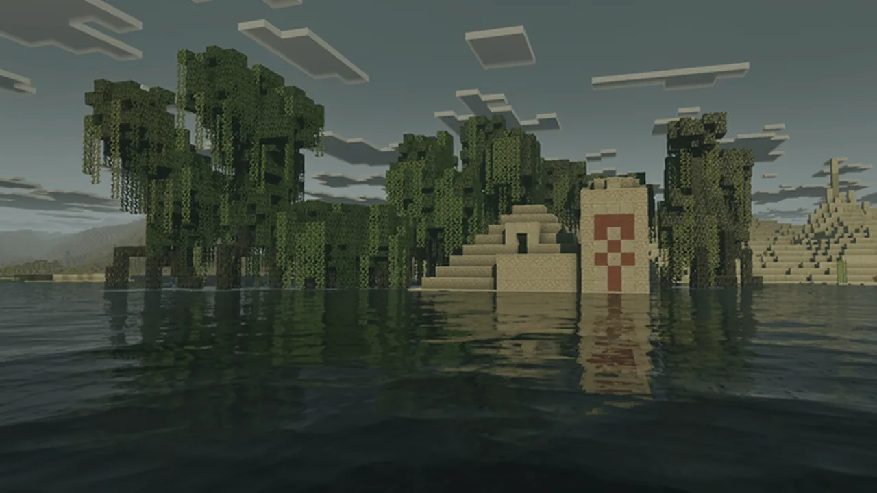 Dark Fantasy Visuals shader: Island with trees and stone structure in water