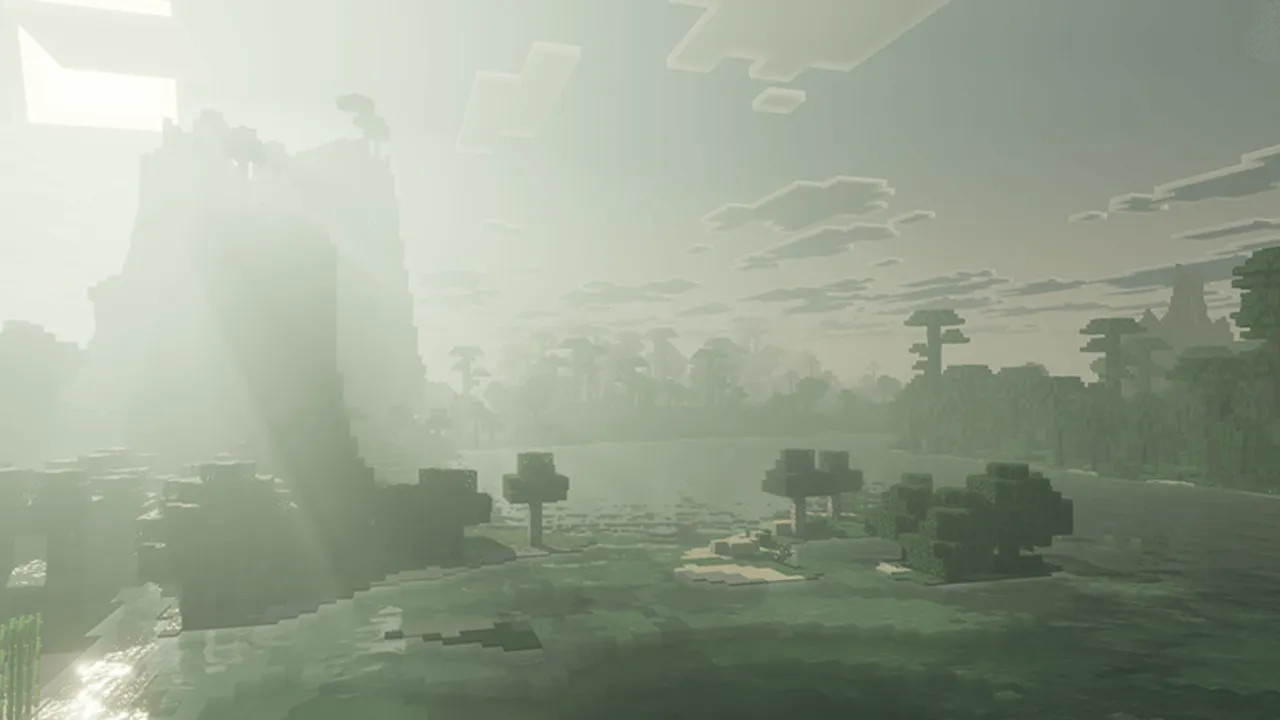 Dark Fantasy Visuals shader: Sunlight over misty water and trees