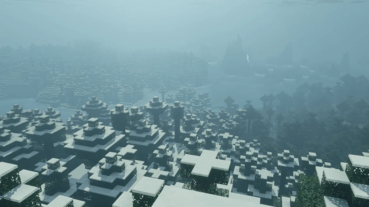 Dark Fantasy Visuals shader: Foggy forest with snowy buildings