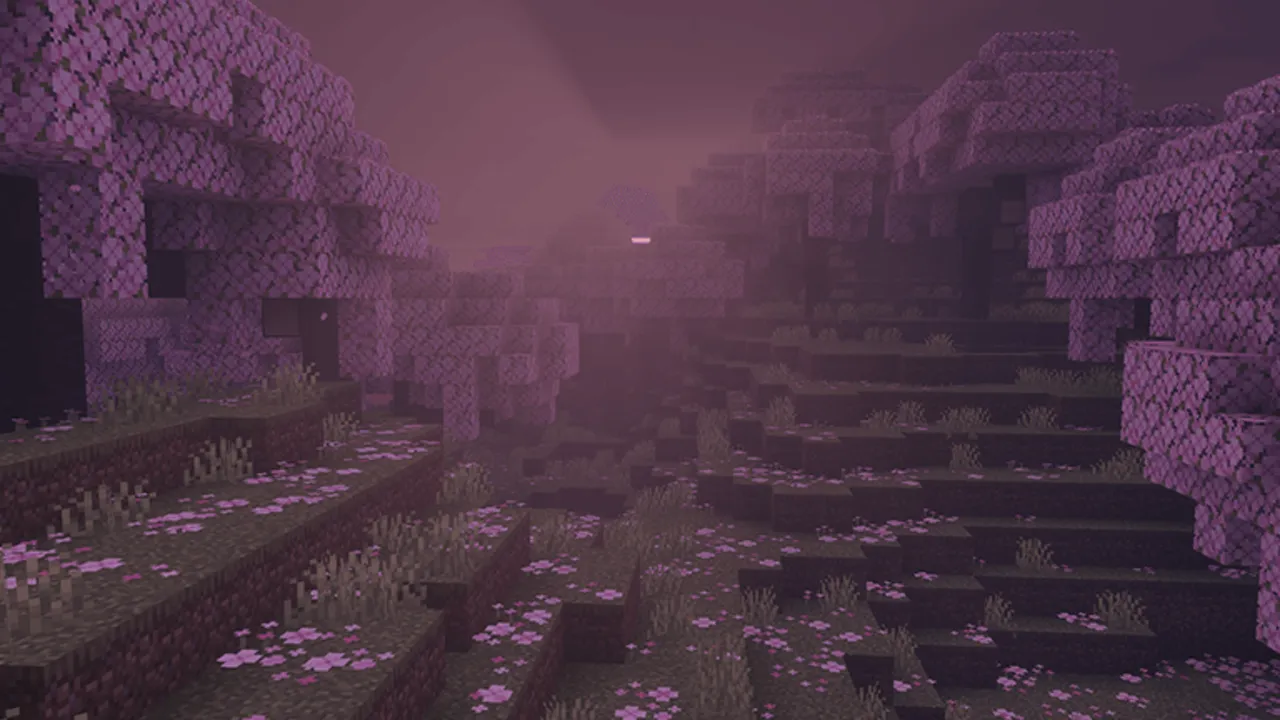 Dark Fantasy Visuals shader: Purple trees in a misty forest