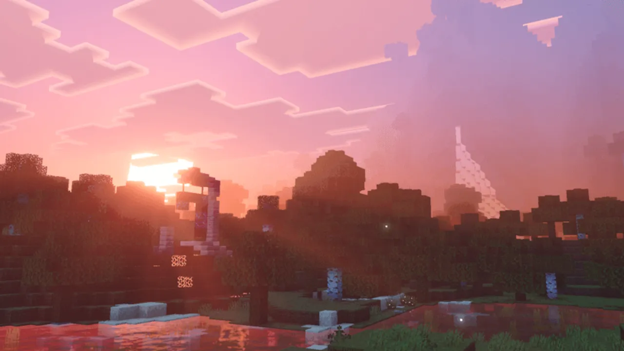Dreamy Visuals shader: Sunset over water with trees and ruins