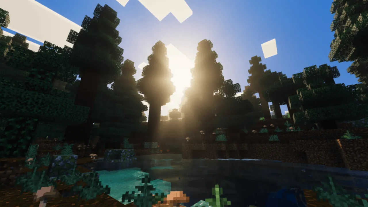 Ethereal Mystic Lite Shader: Sunlight through trees over water