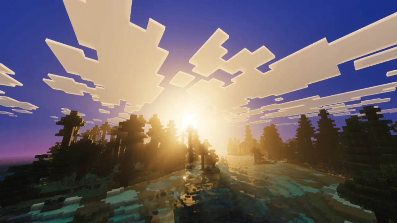 Ethereal Mystic Lite Shader: Sunset over forest with light rays