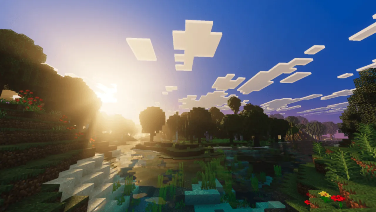 Ethereal Mystic Lite Shader: Sunset over forest with water and trees