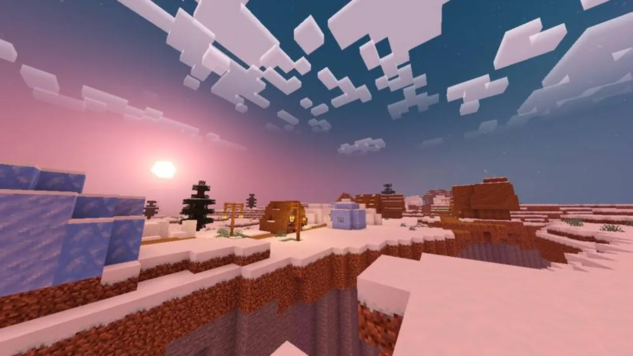 Grafika Shader: Snowy landscape with glowing sun and clouds