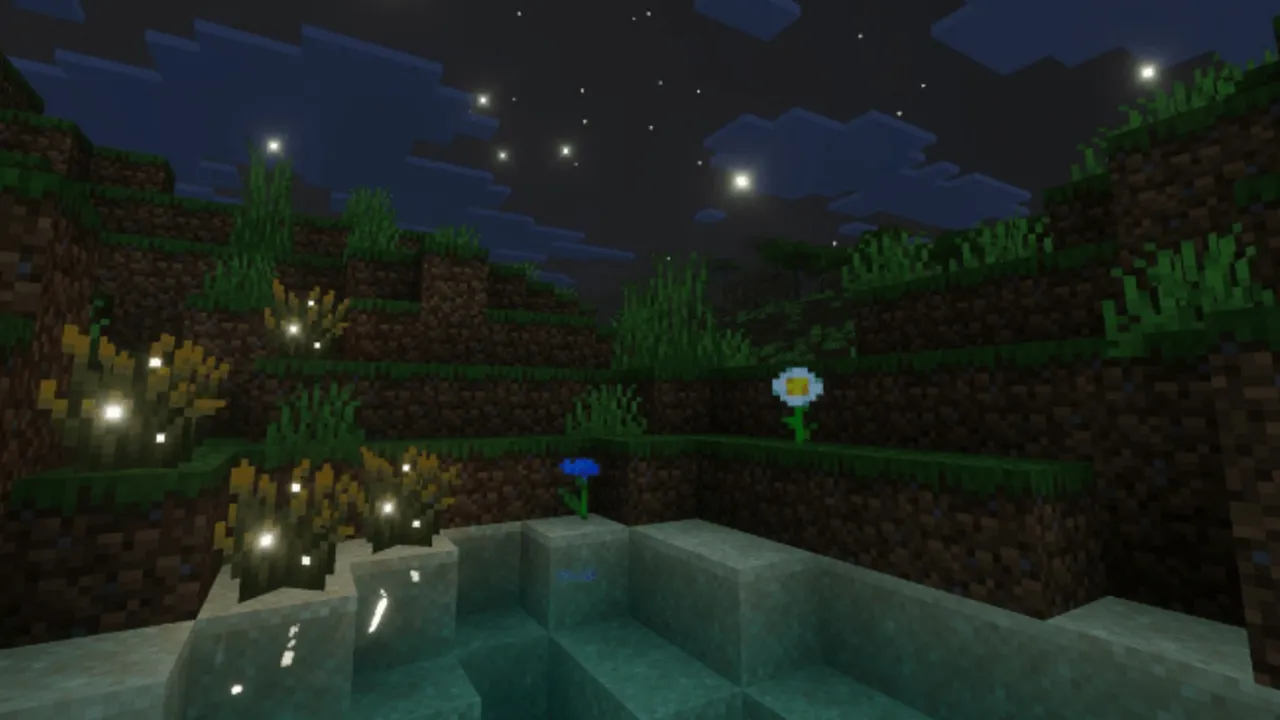 Hyper Visuals Pack shader: Night scene with glowing flowers and water