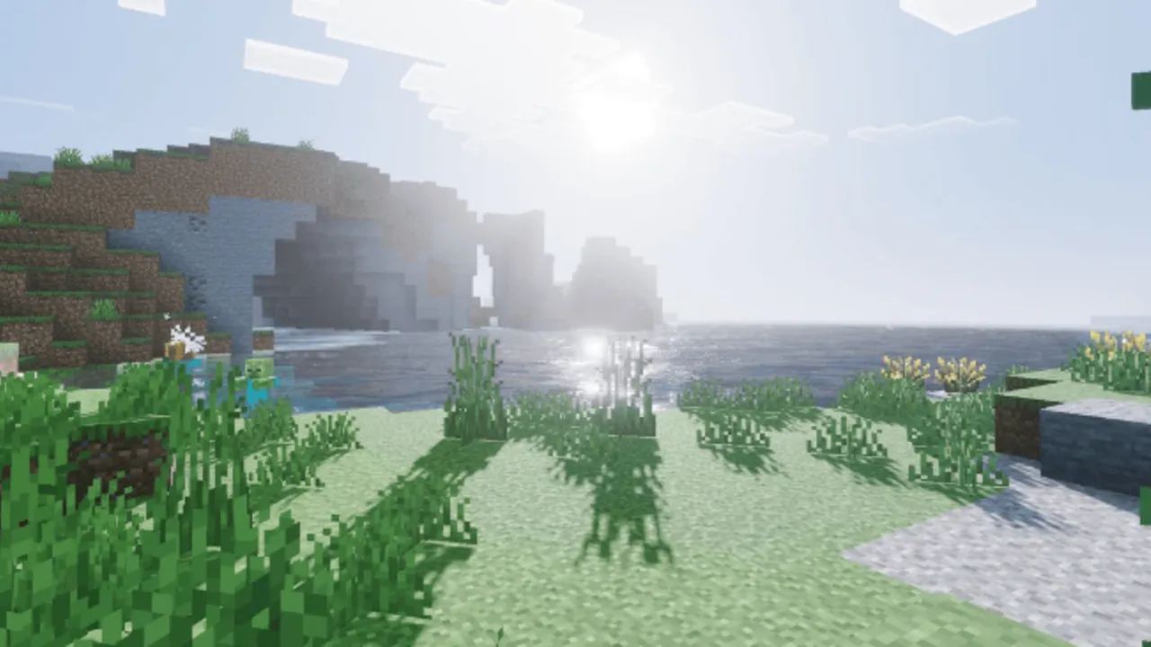 Hyper Visuals Pack shader: Sun over ocean with cliffs and grass