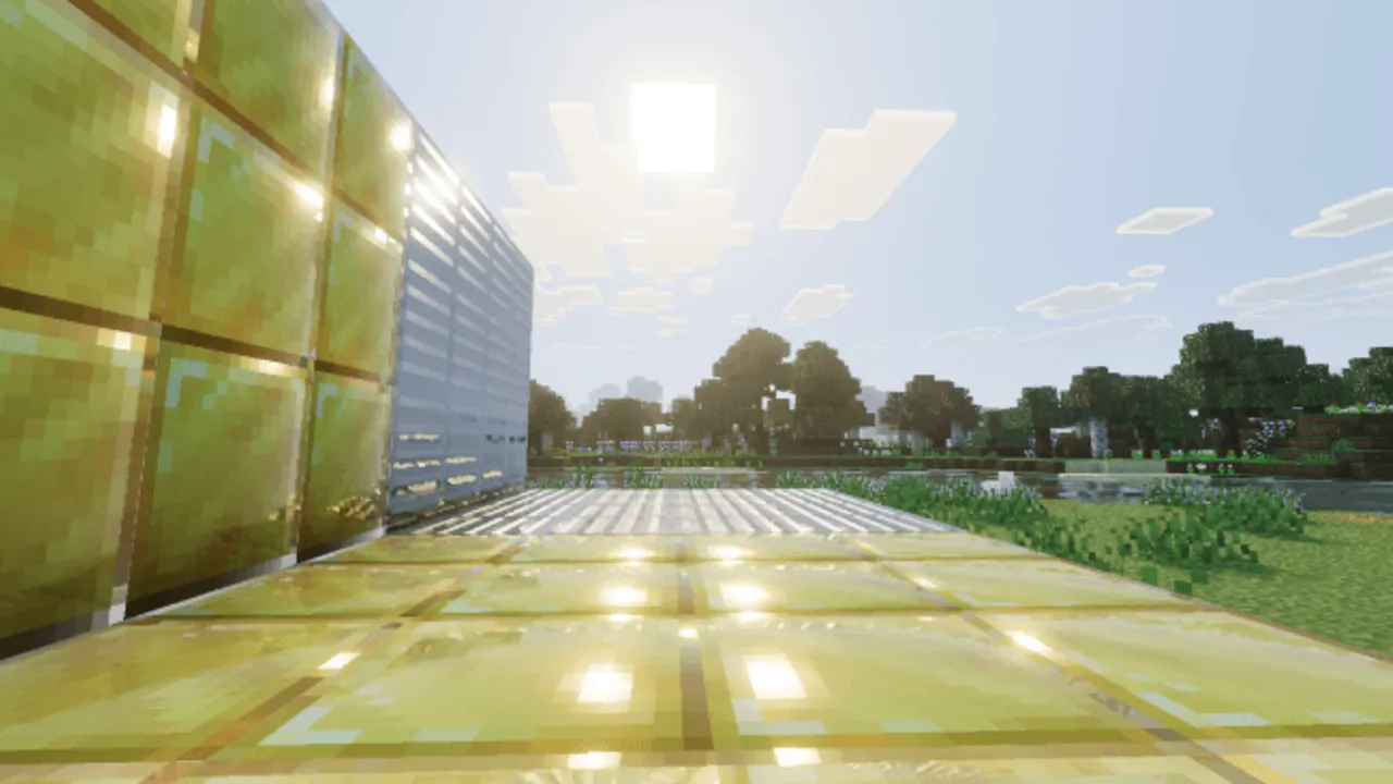 Immersive Visuals for Vibrant Visuals shader: Glowing gold blocks on a path