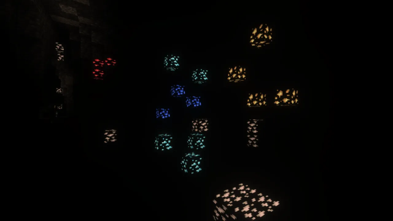 Lancers Vibrant Visuals Pack shader: Glowing blocks in a dark cave