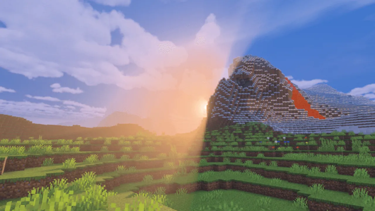Lancers Vibrant Visuals Pack shader: Sunset over grassy hills with mountain
