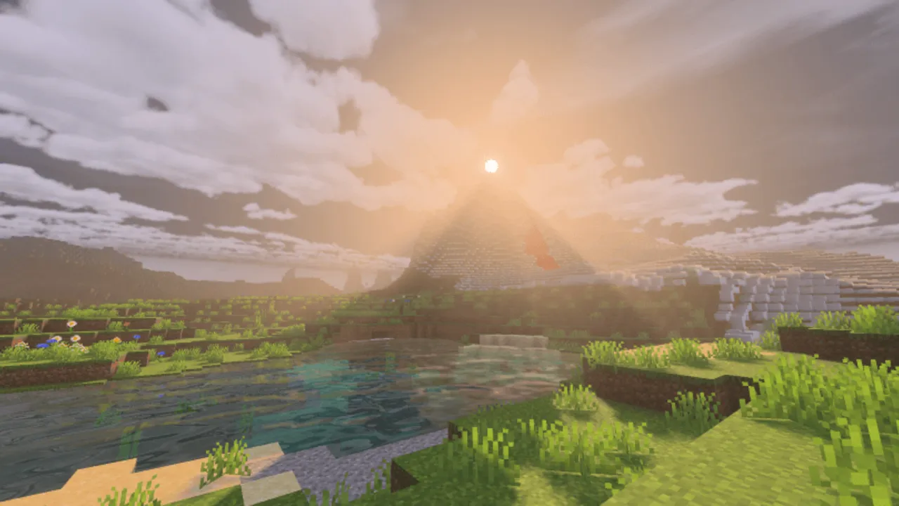 Lancers Vibrant Visuals Pack shader: Sunset over pyramid and water