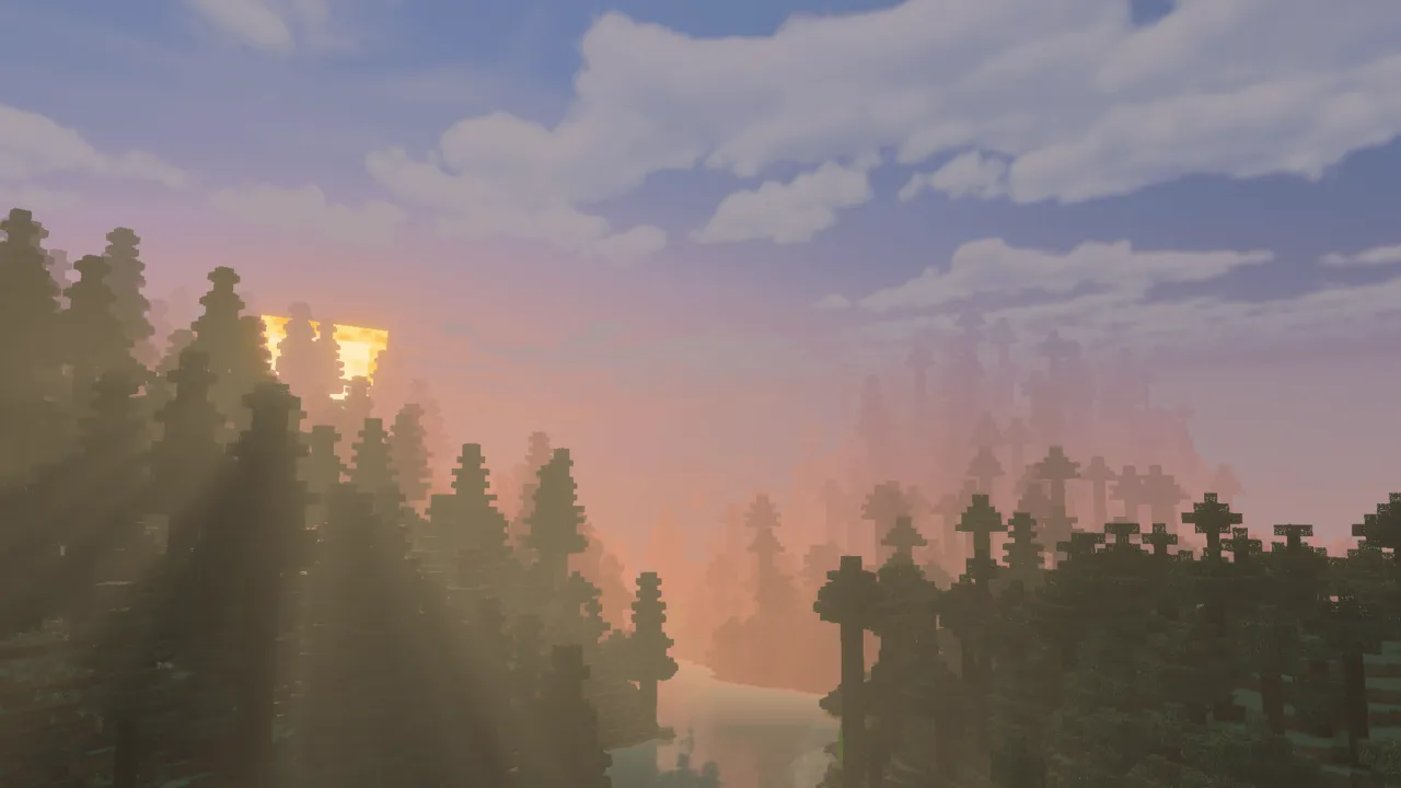 Luma Shade Visuals shader for Minecraft PE: Sunset over forest with glowing water