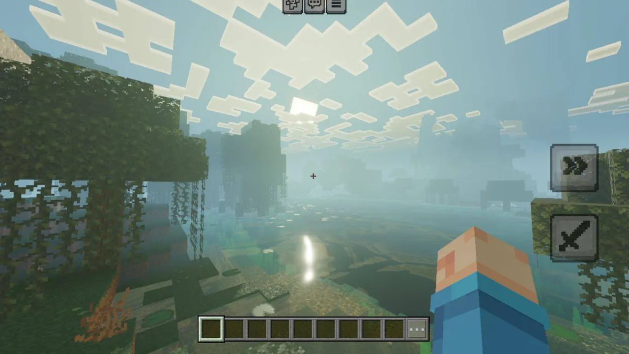 Lumen Visual shader: Player holding sword near water with sun shining