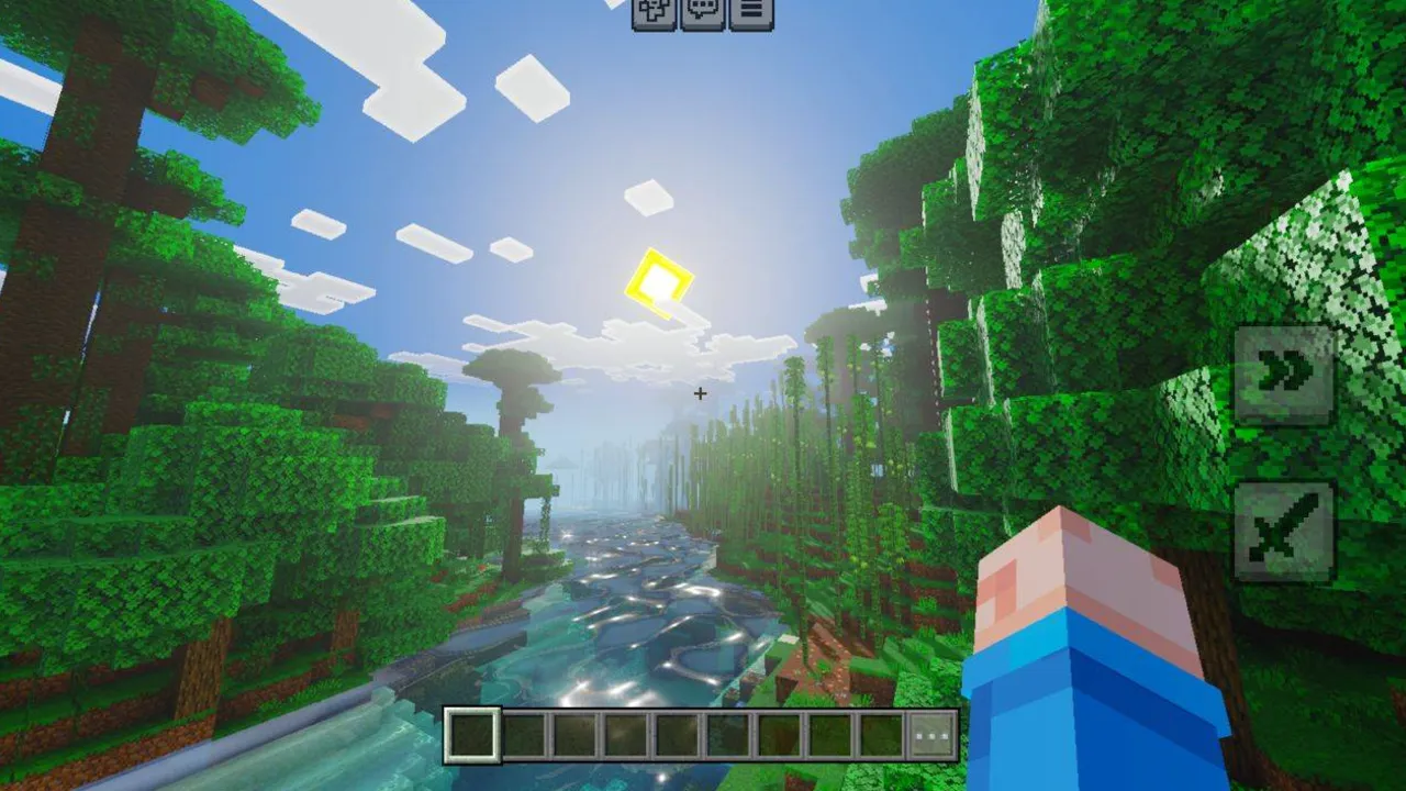 Lumen Visual shader for Minecraft PE: Sun shining over forest and river